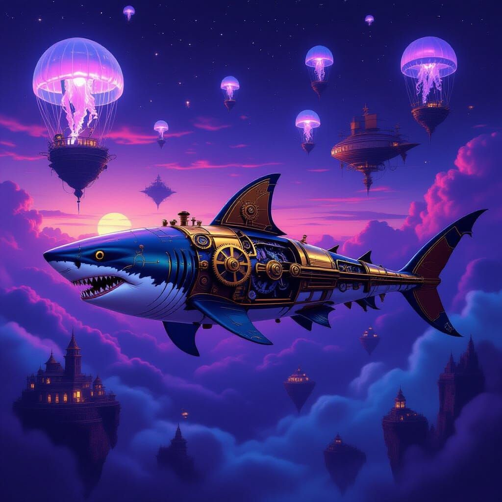 Clockwork Shark in Twilight Sky with Floating Islands