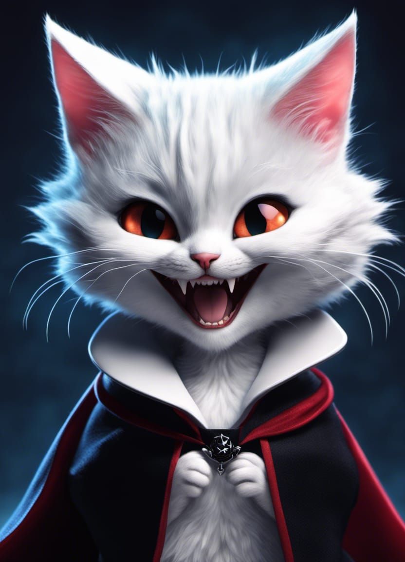 Anthropomorphic Cat Vampire Kitten in Dracula Cloak