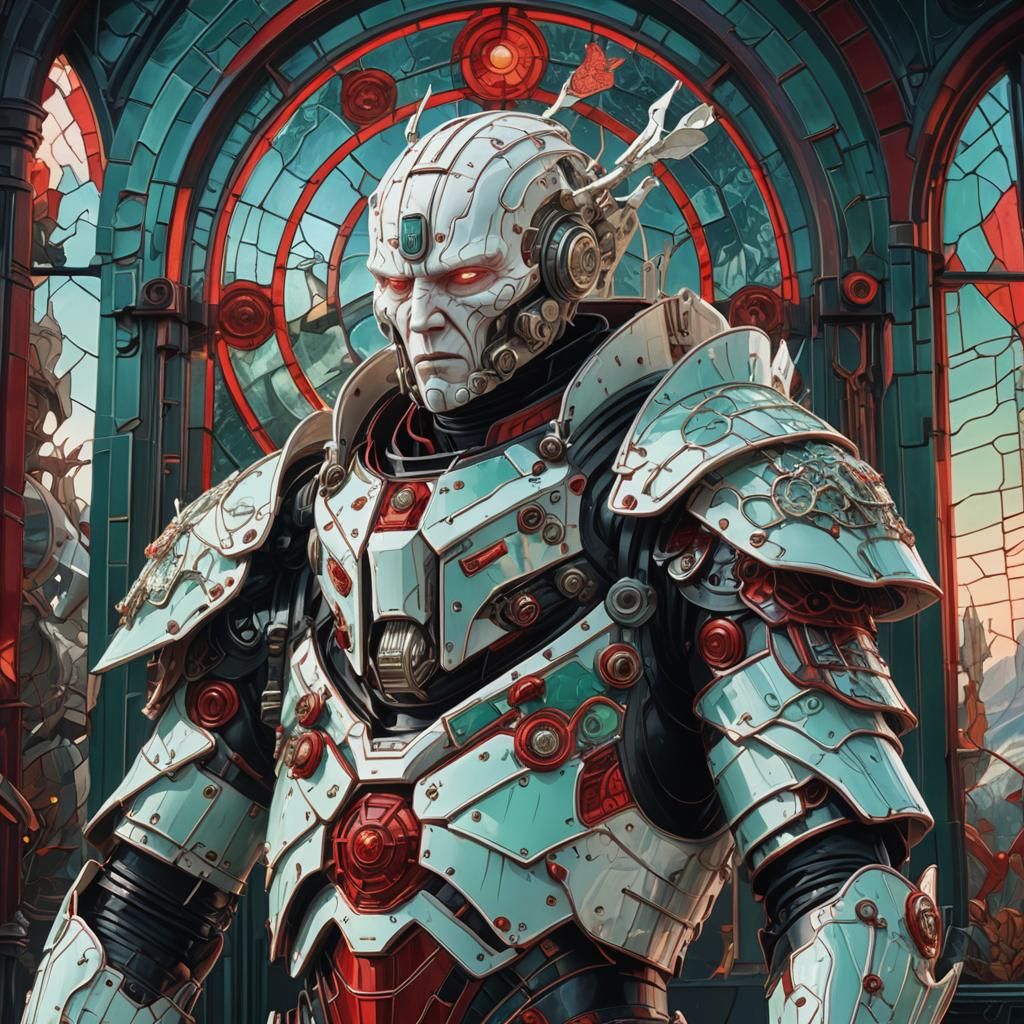 Albino Man in Biomechanical Stained Glass Armor