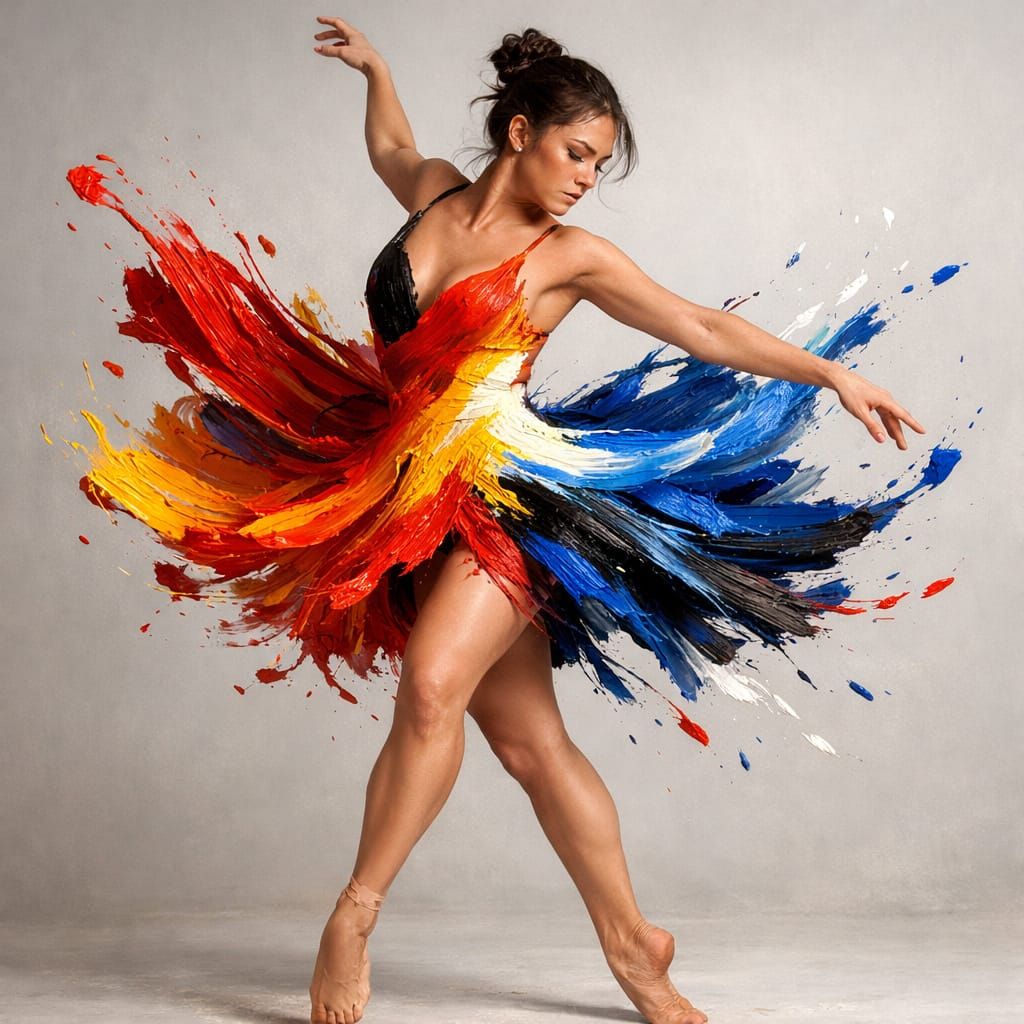 Woman Dancing in a Dynamic Paint Dress