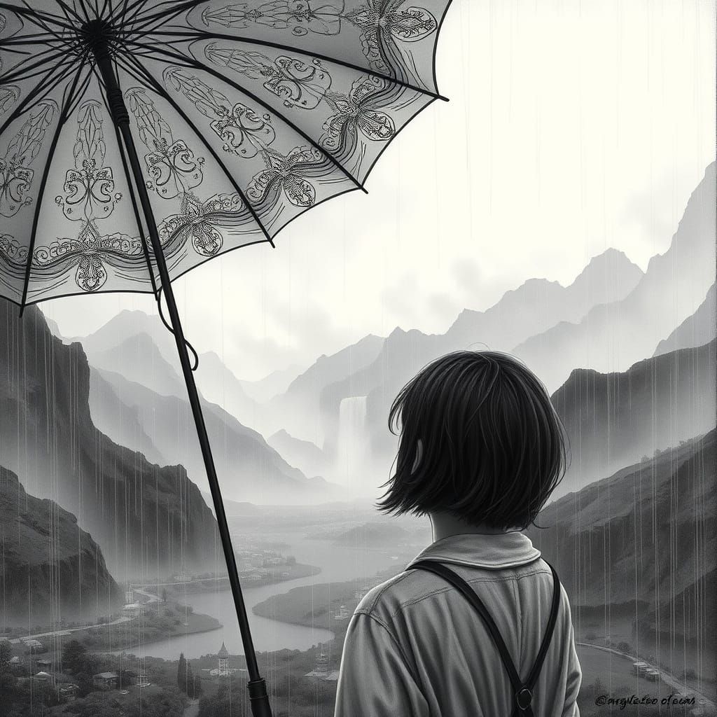 Mysterious Girl Contemplates Majestic Mountains in Serene La...