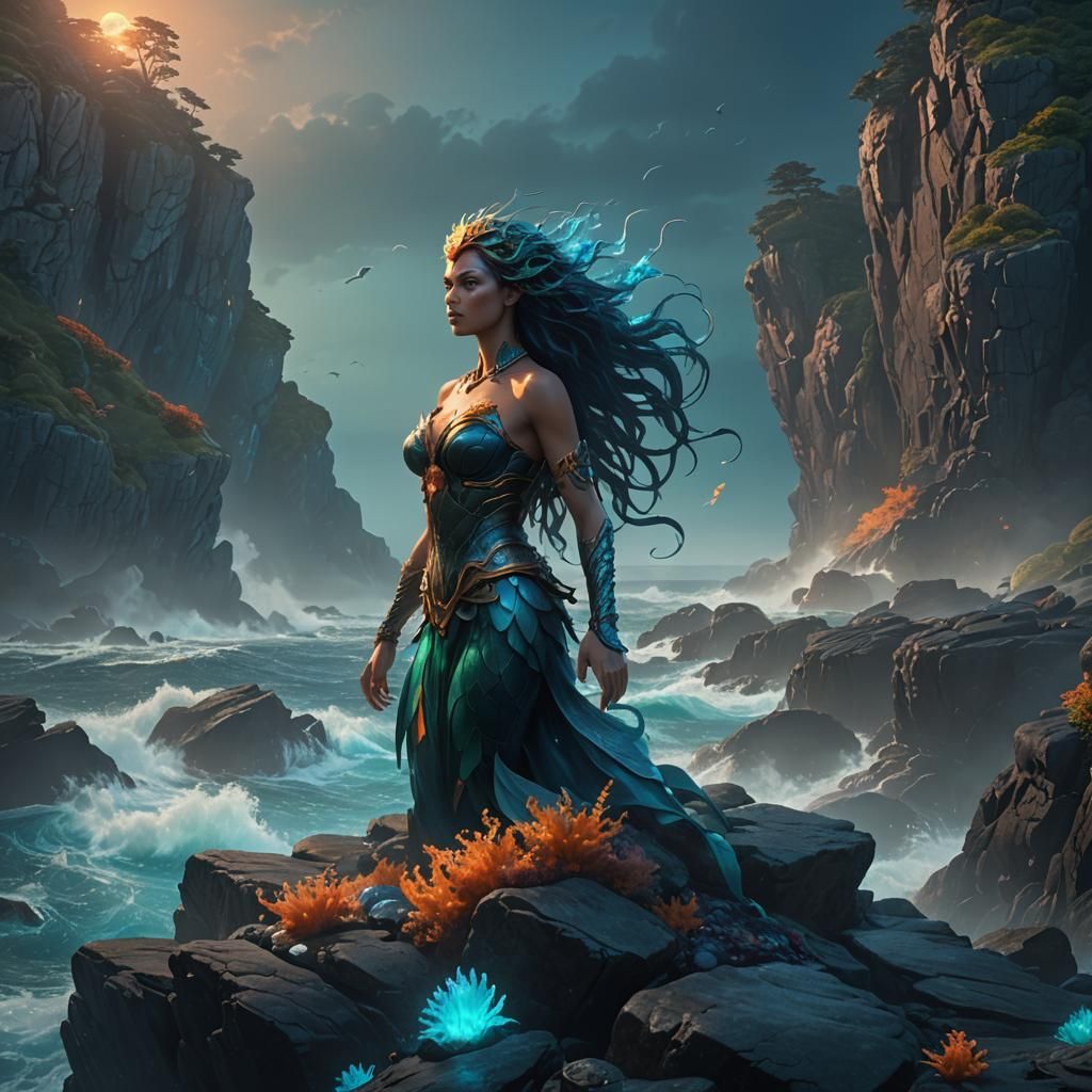 Fantasy Siren on Rocky Cliff in Cinematic Lighting