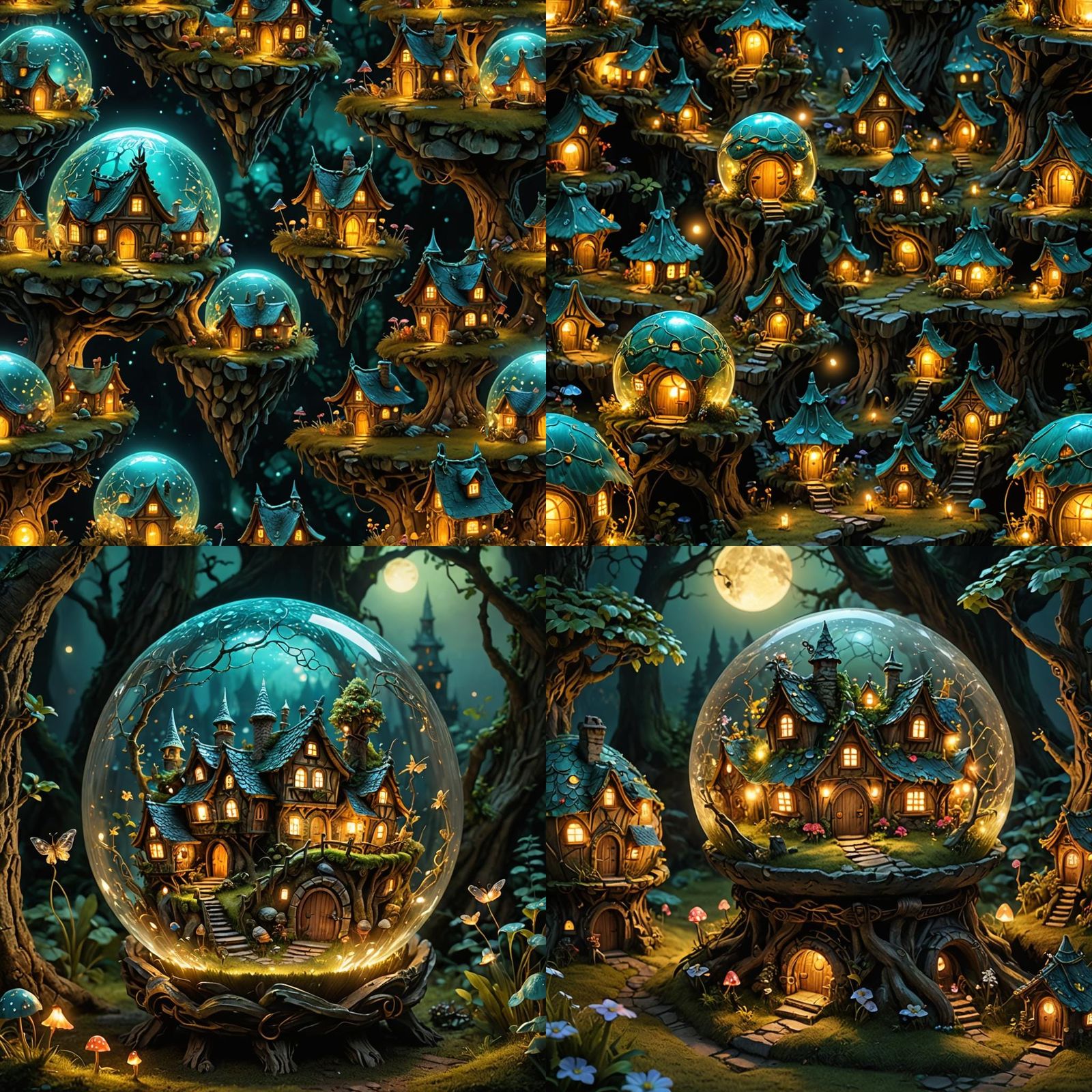 Ancient glowing orb containing a fairy village, highly detai...