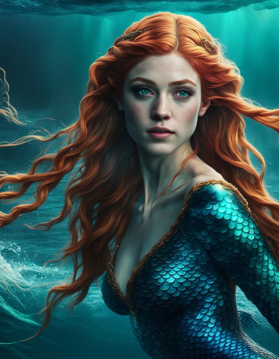 Katherine McNamara as a mermaid, swimming in the ocean, with long braided hair