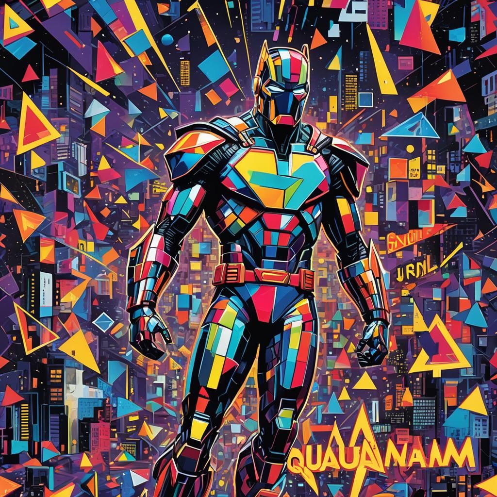 Dynamic Cubist Superhero in 80s Retro Style