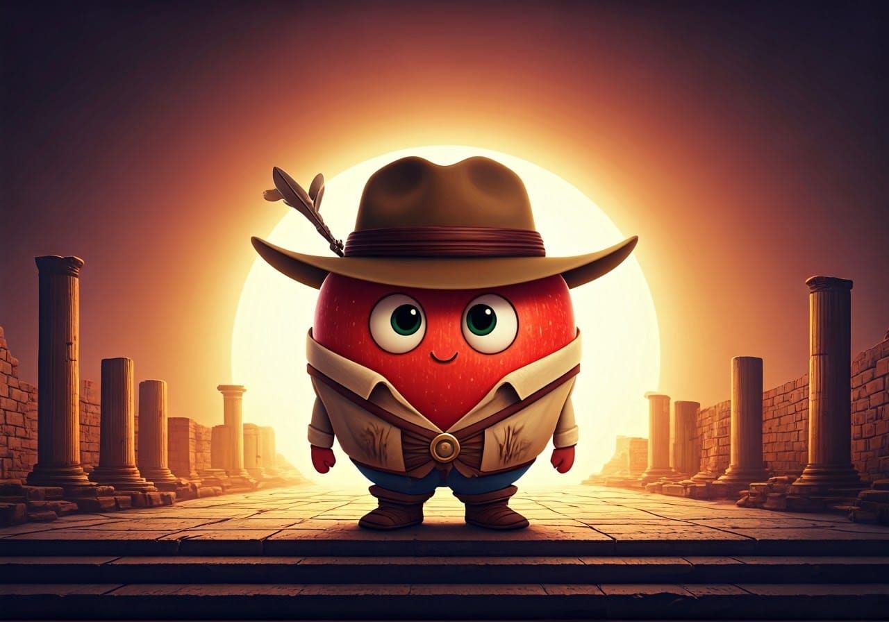 Cute Anthropomorphic Apple Adventurer in Pompeii Ruins