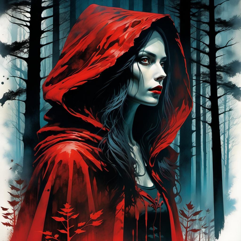 Eerie Red Riding Hood Double Exposure Watercolor