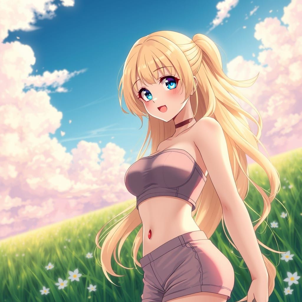 Anime Girl in Lush Meadow with Pastel Sky