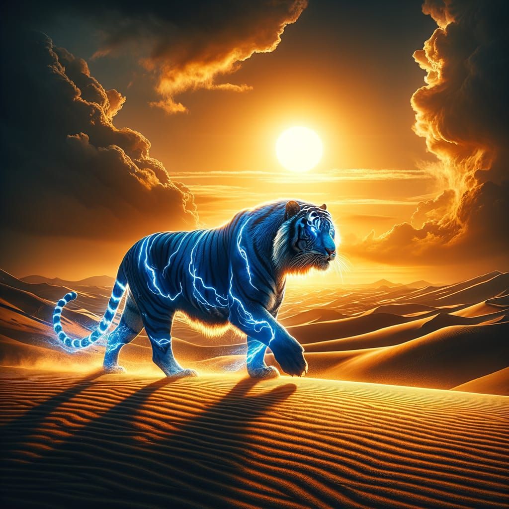 Blue Lightning Tiger in Golden Desert Sunset