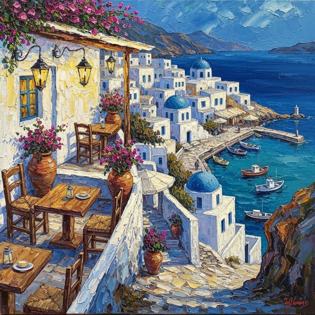 Cozy Cliffside Coffee Terrace in Greek Village Evening