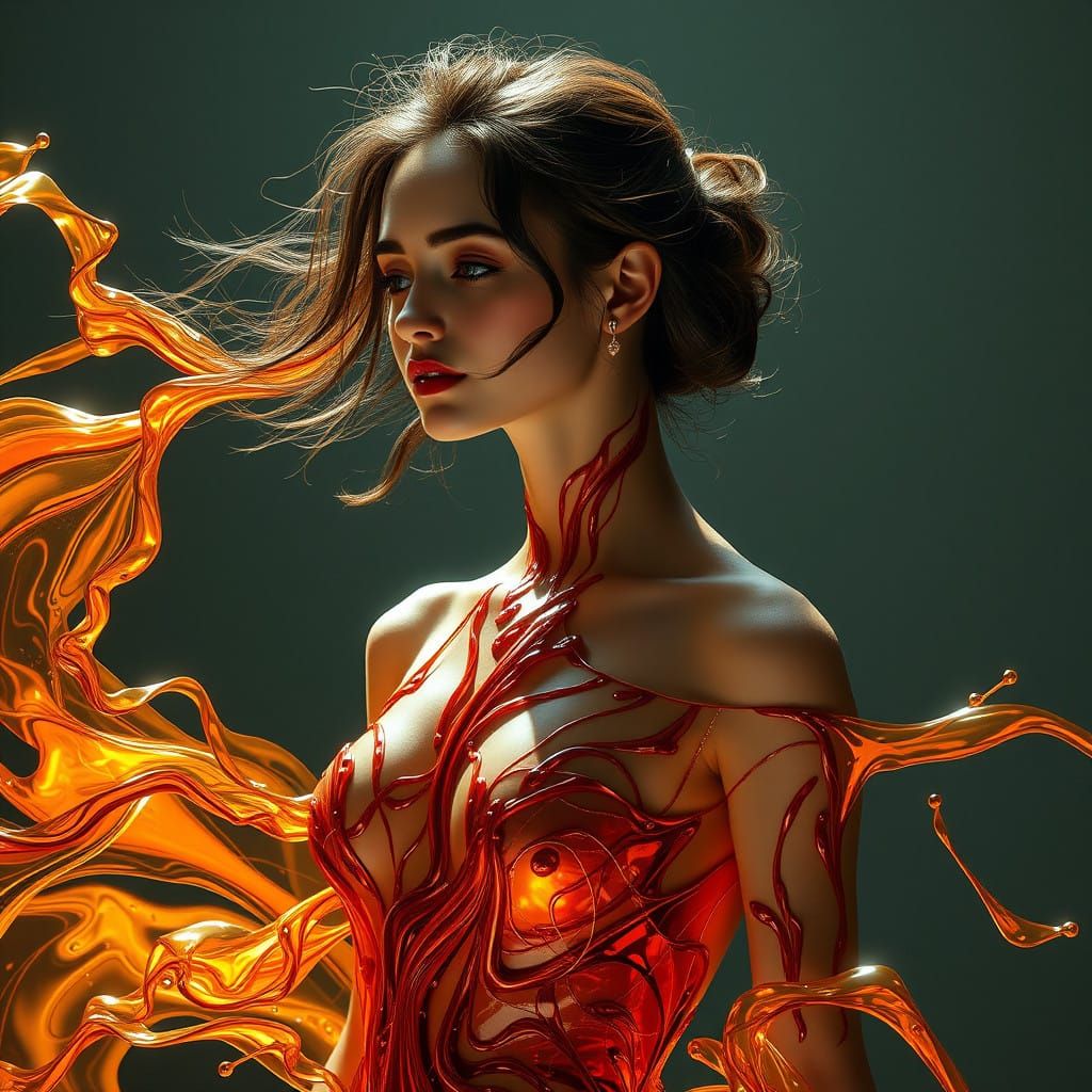 Hyperrealistic Woman Wears Iridescent Liquid Gown