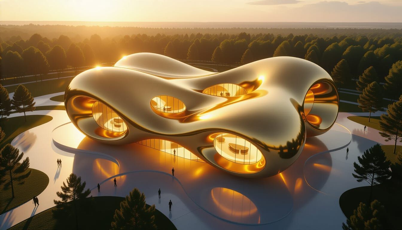Golden Biomorphic Sculpture: Futuristic Architectural Master...
