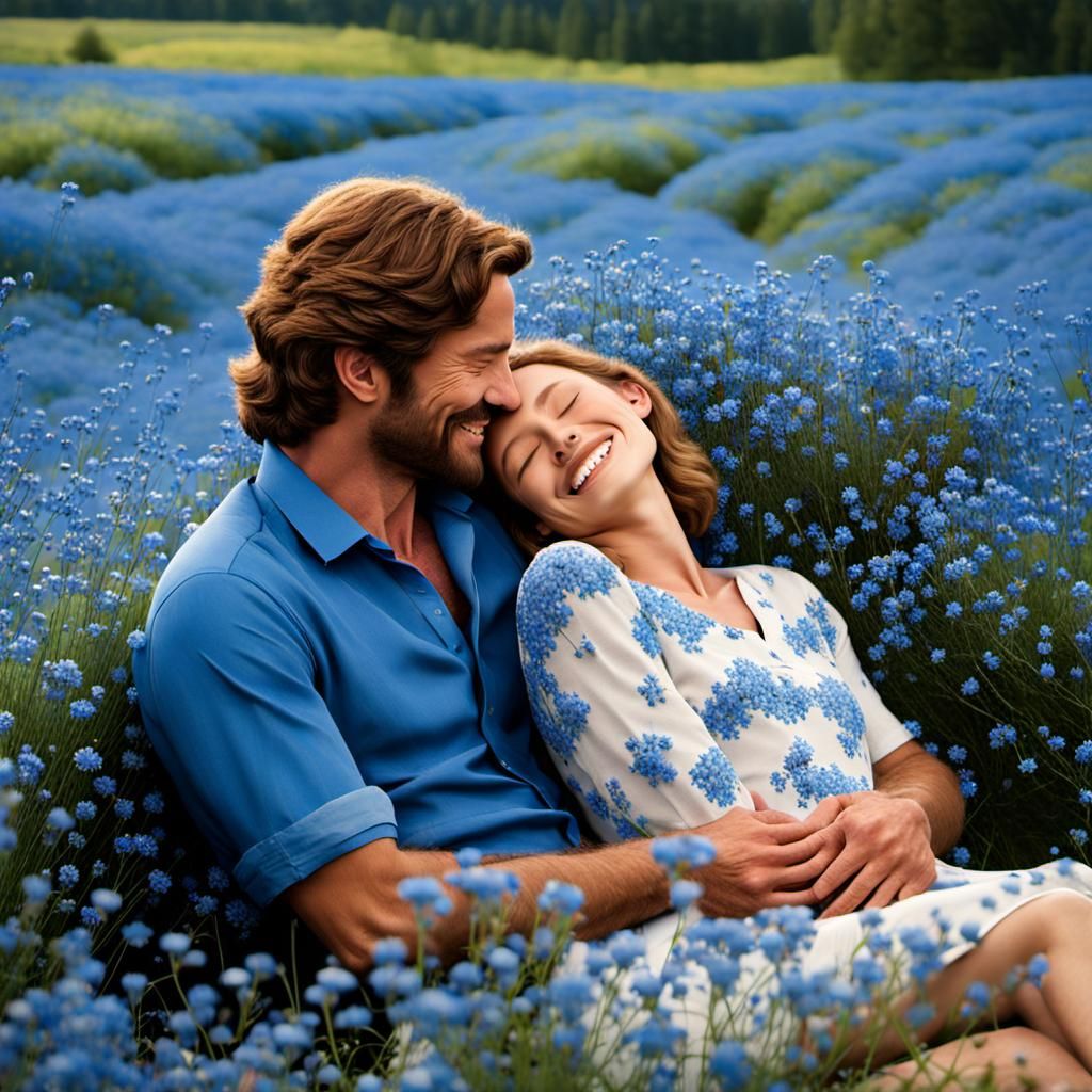Couple in Field of Blue Flowers