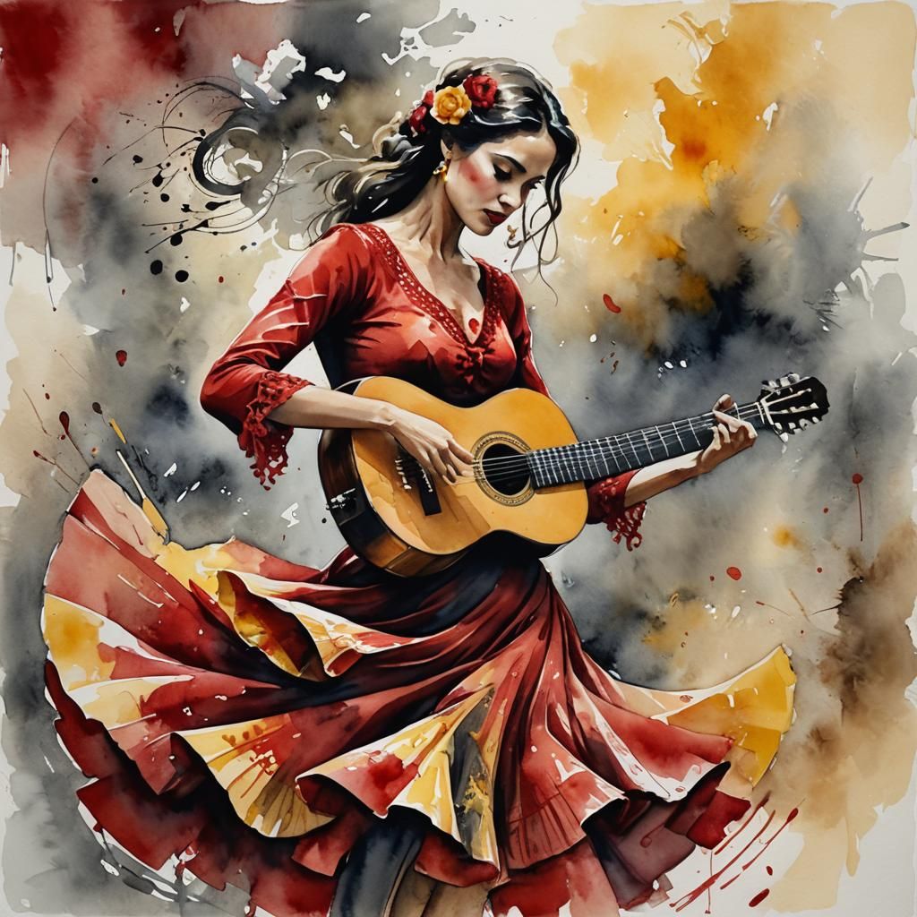 Flamenco Dancer in Dramatic Watercolor Painting
