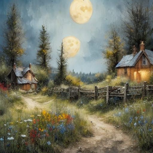 Moonlit Farmhouse in Ancient Forest