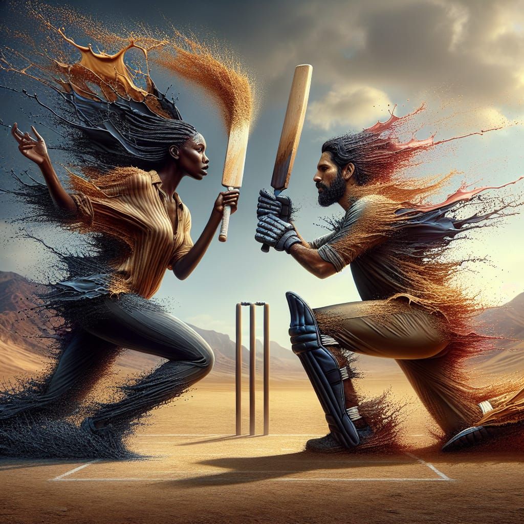 Cricket Game in Desert Landscape: Hyperrealistic Digital Art