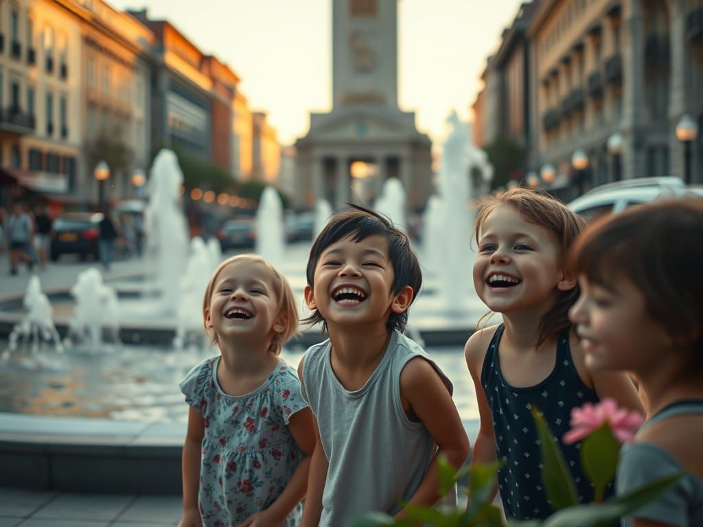 Cityscape Scene with Children and Fountains