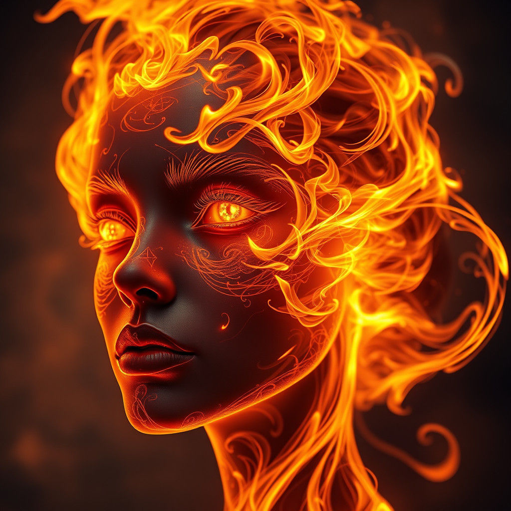 Fiery Female Face in High-Tech Style