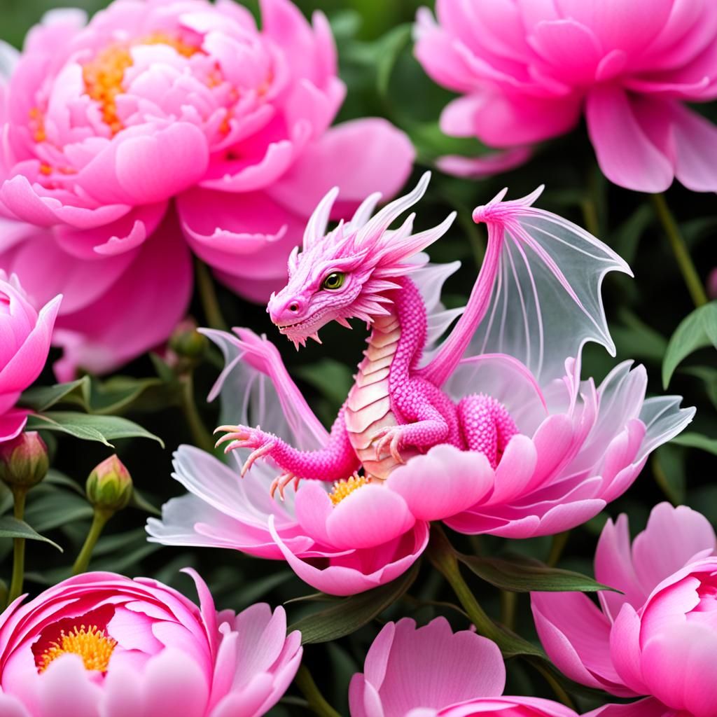 Tiny Pink Dragon in Peony