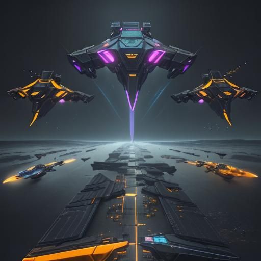 Cyberpunk Spaceships Fleet Powered by Black Hole
