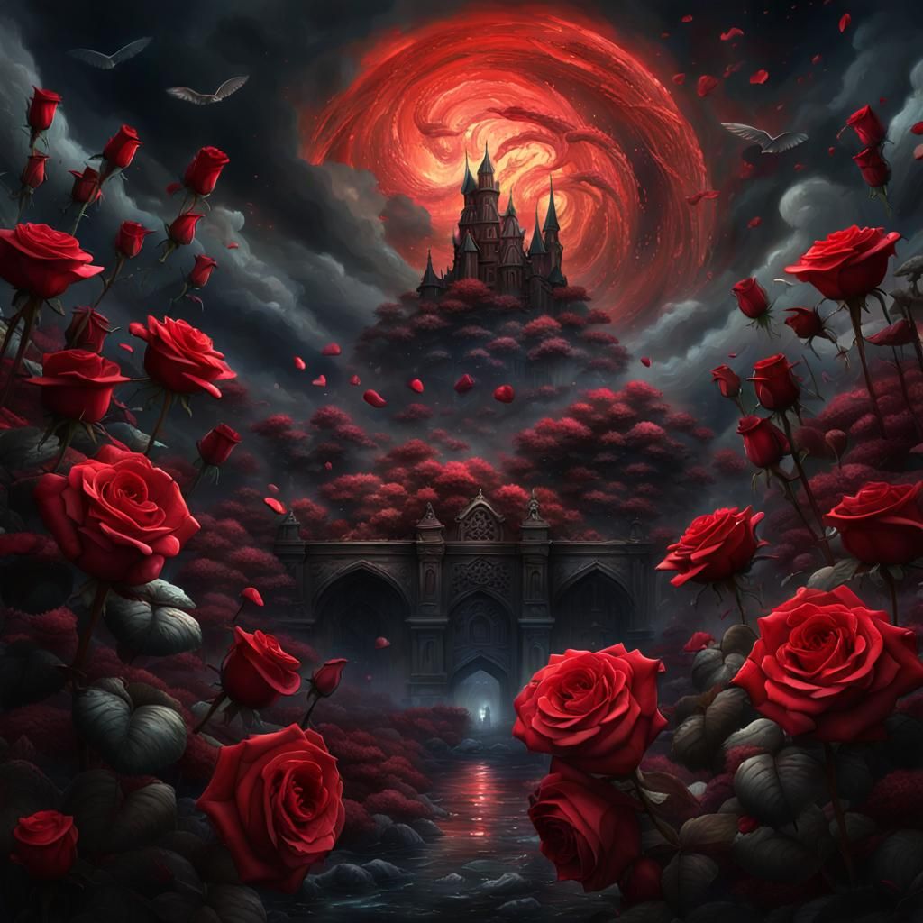 Fantastical Rose Valley: A Dark Fairytale Painting