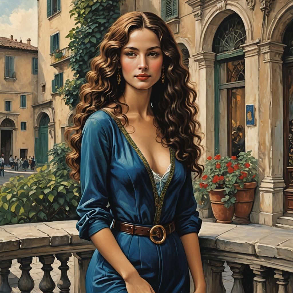 Elegant Woman on Italian Terrace at Sunset