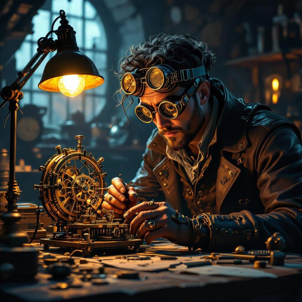 Steampunk Inventor Examines Clockwork Device in Workshop