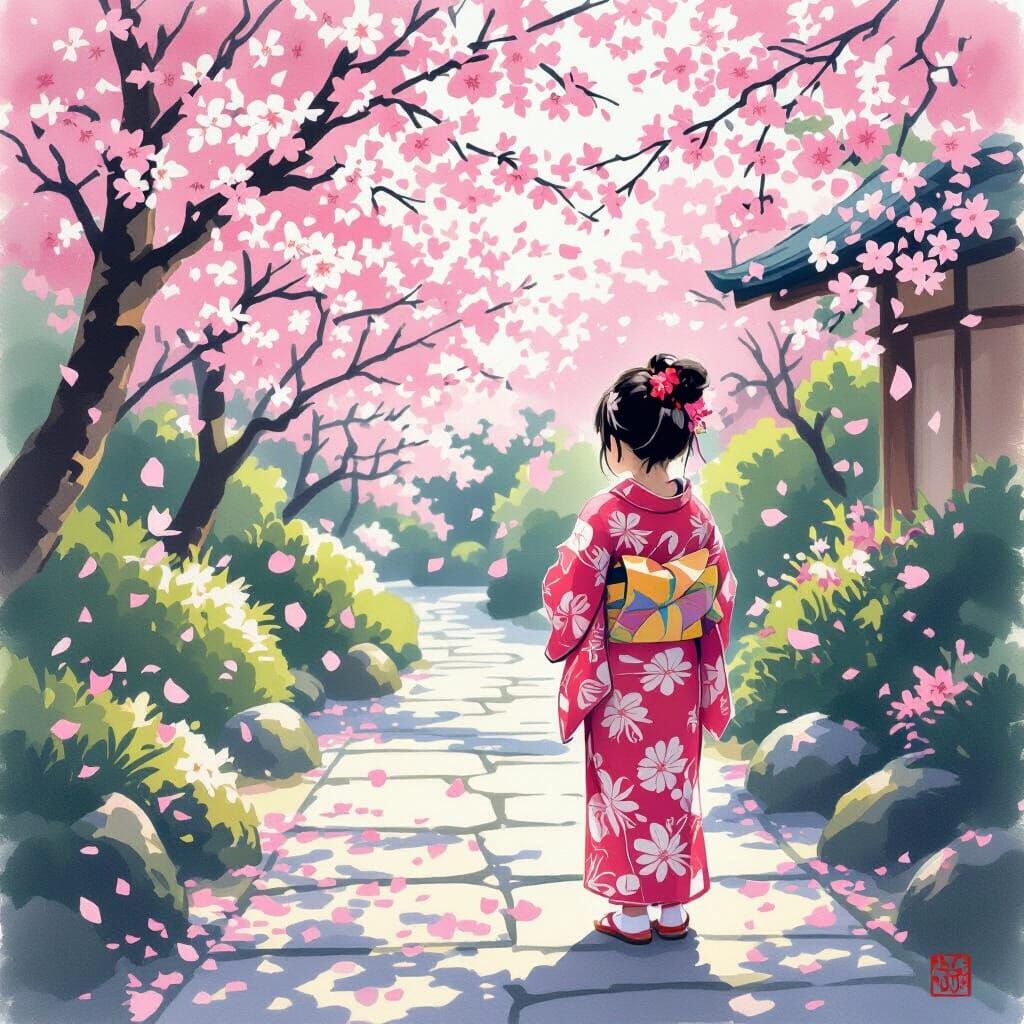 Girl in Pink Kimono in Japanese Garden