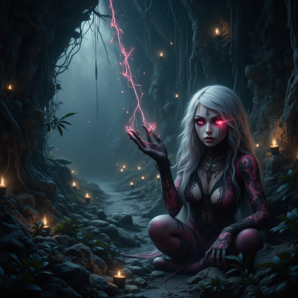 Lost Half-Orc Giantess with Pink Eyes Deep Underground