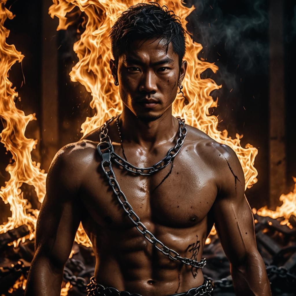 Chained Man in Fire: Hyperrealistic Digital Portrait