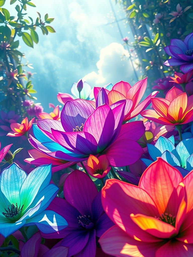 Exotic Flower Garden with Rainbow Winds