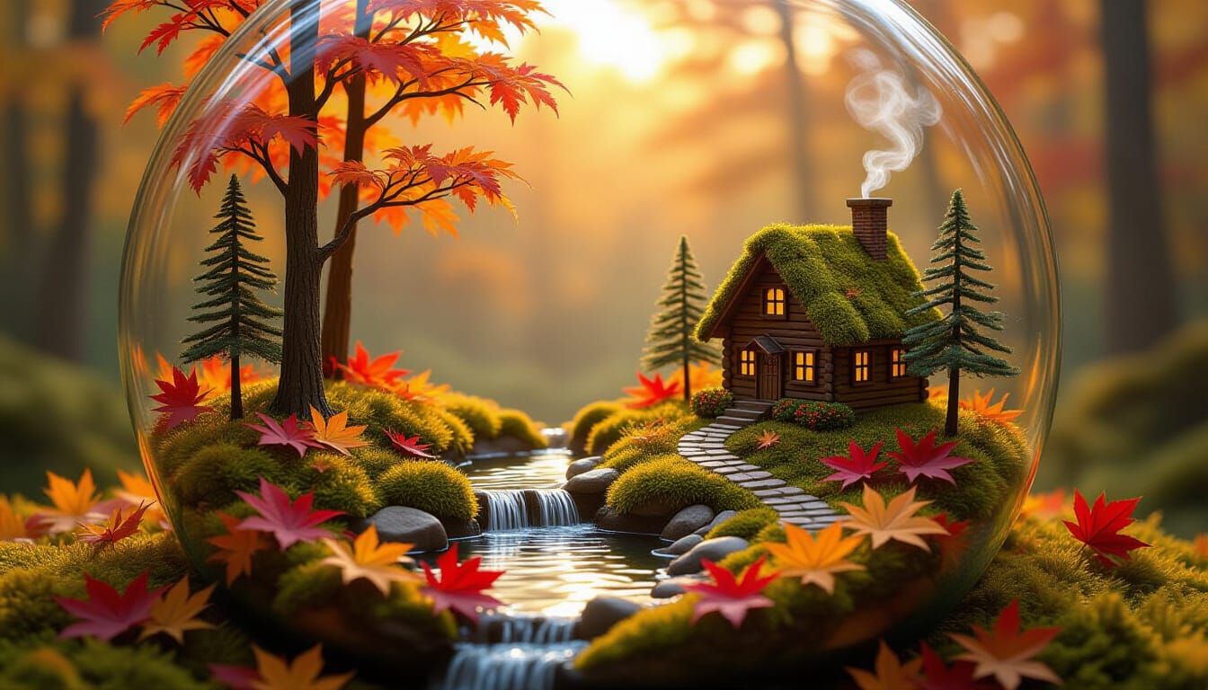 Autumn Forest Terrarium Scene with Cozy Cabin