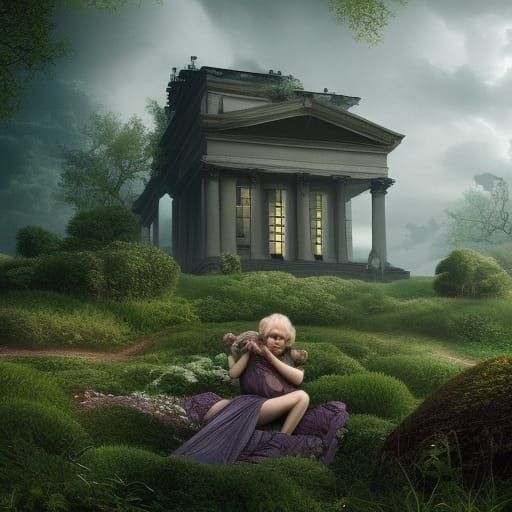 Nude Woman in a Tranquil Garden: Digital Painting