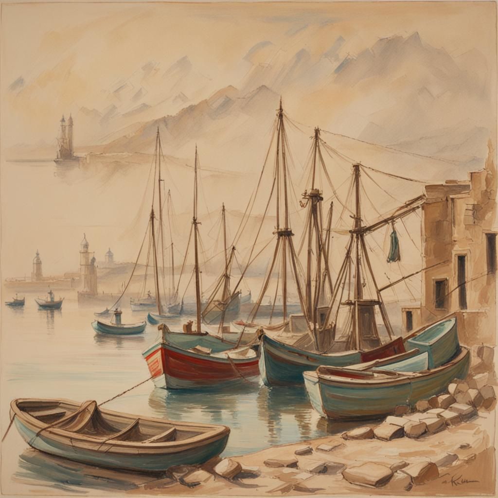Mediterranean Harbor Scene in the Style of Erwin Kastner
