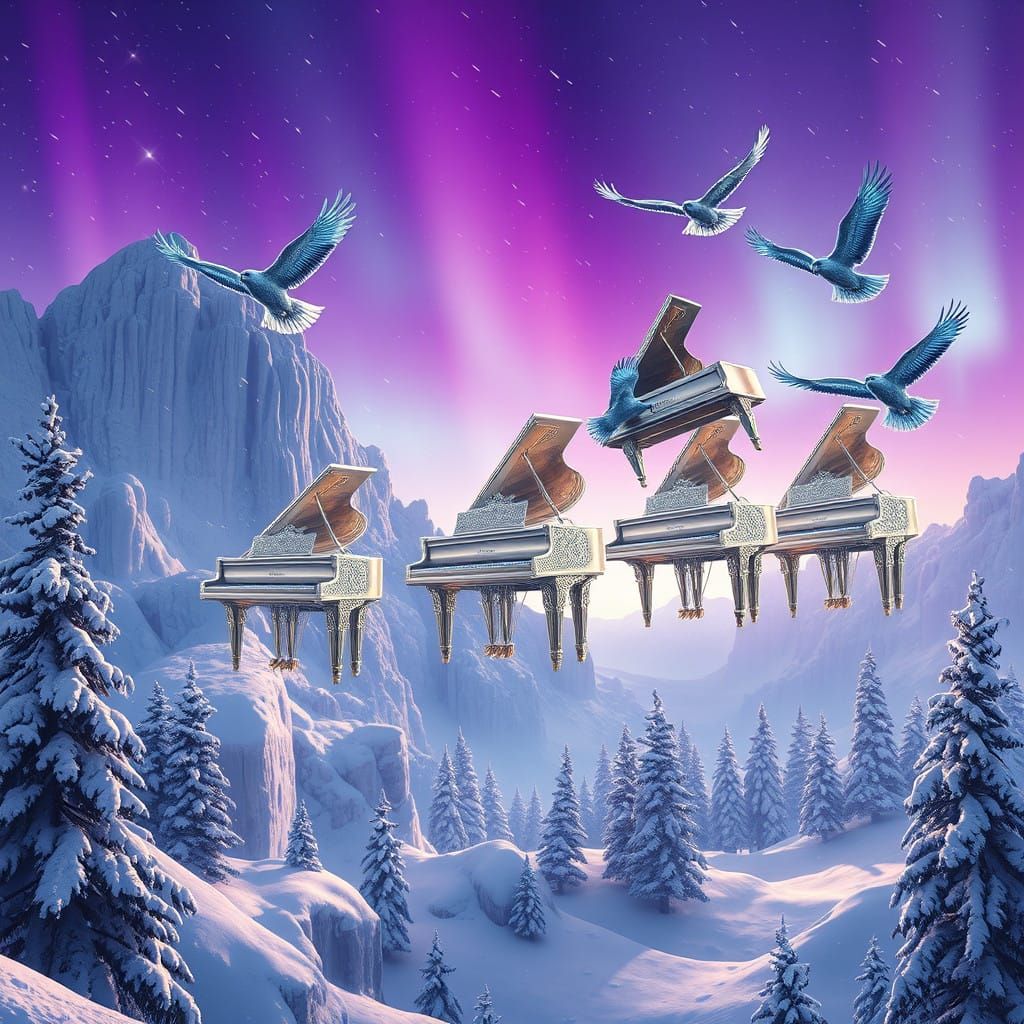 Cyberpunk Pianos Soar Through a Vibrant Aurora Landscape