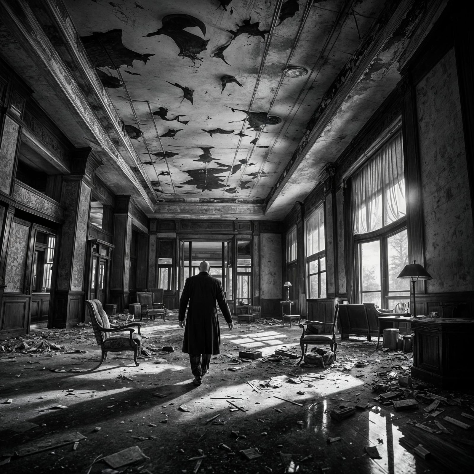 Ominous Figure in Abandoned Hotel Lobby