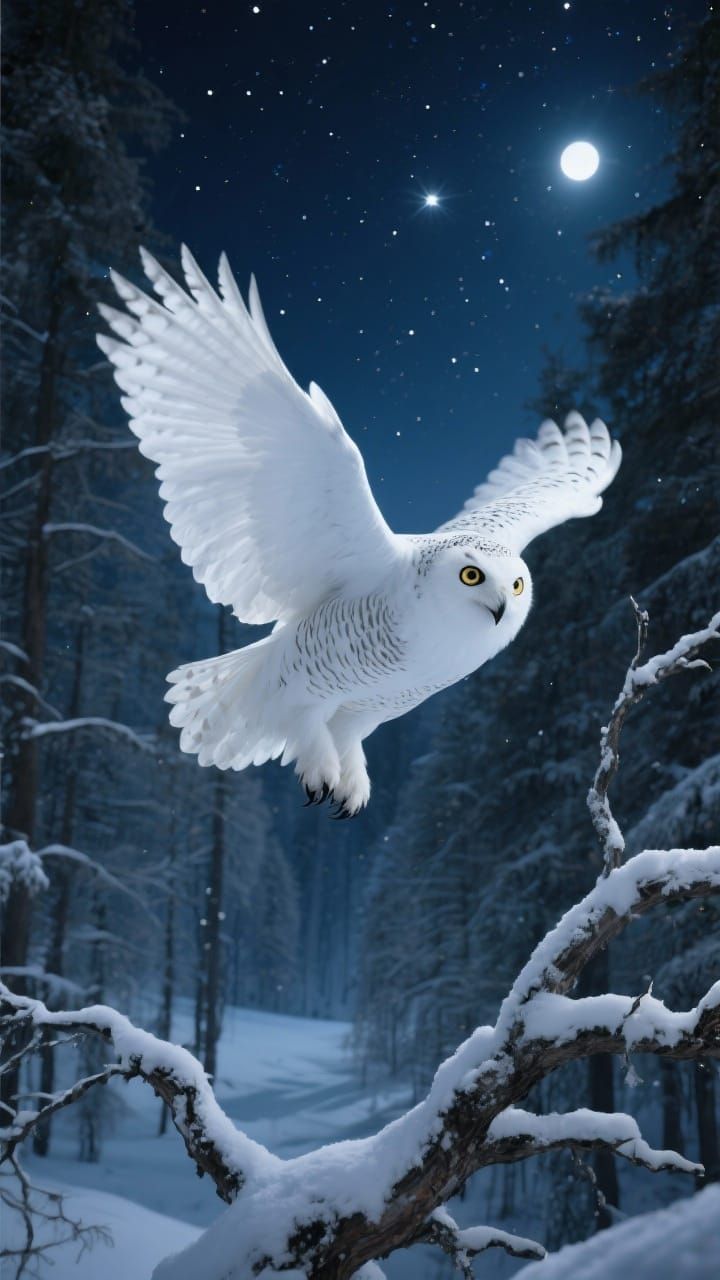 Snowy Owl in Flight Over Starry Woodland Forest