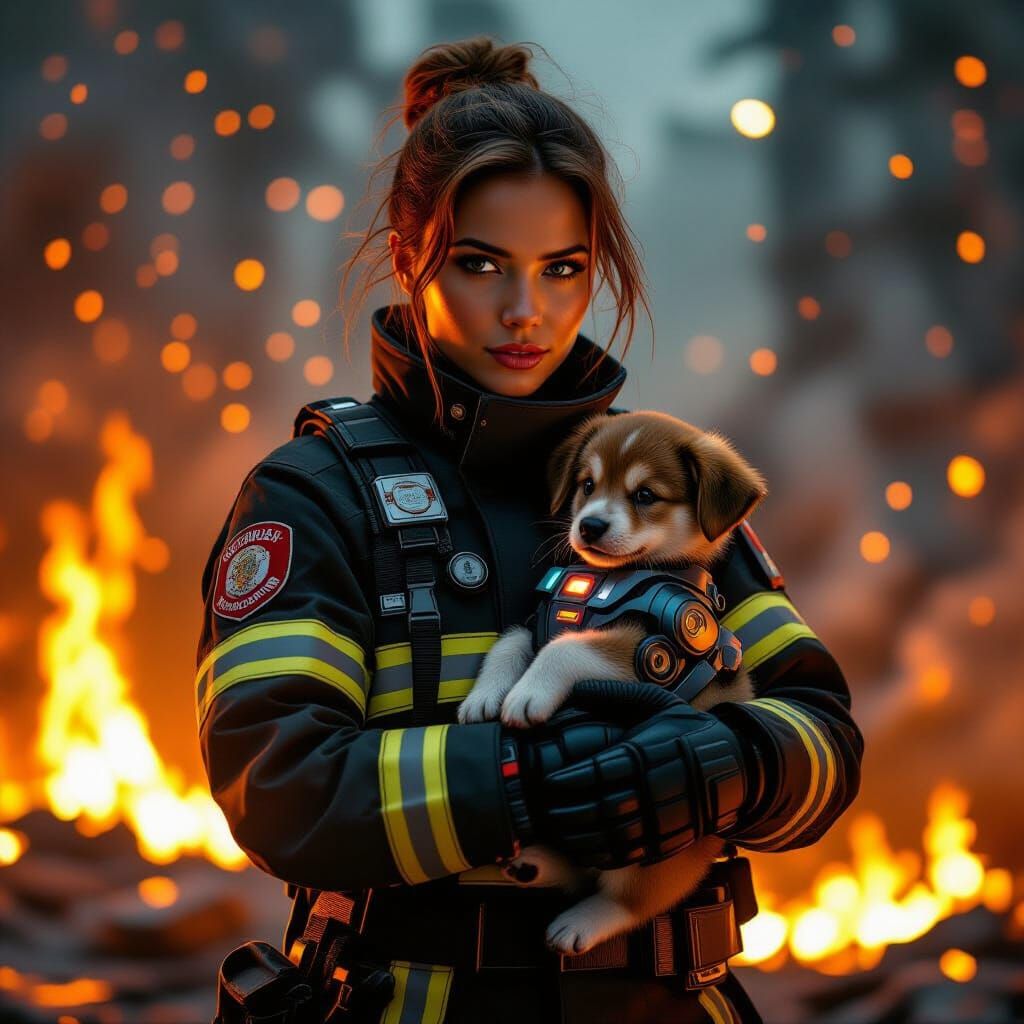 Biopunk Firefighter Rescues Robot Puppy