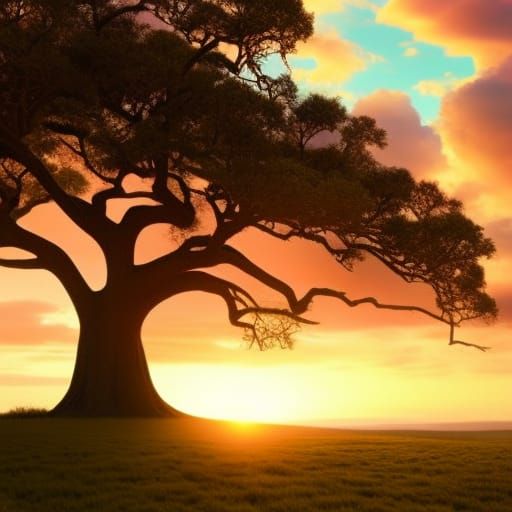 Giant live oak tree in an open field surrounded by fireflies and wild flowers with a sunset background , digital paintin...