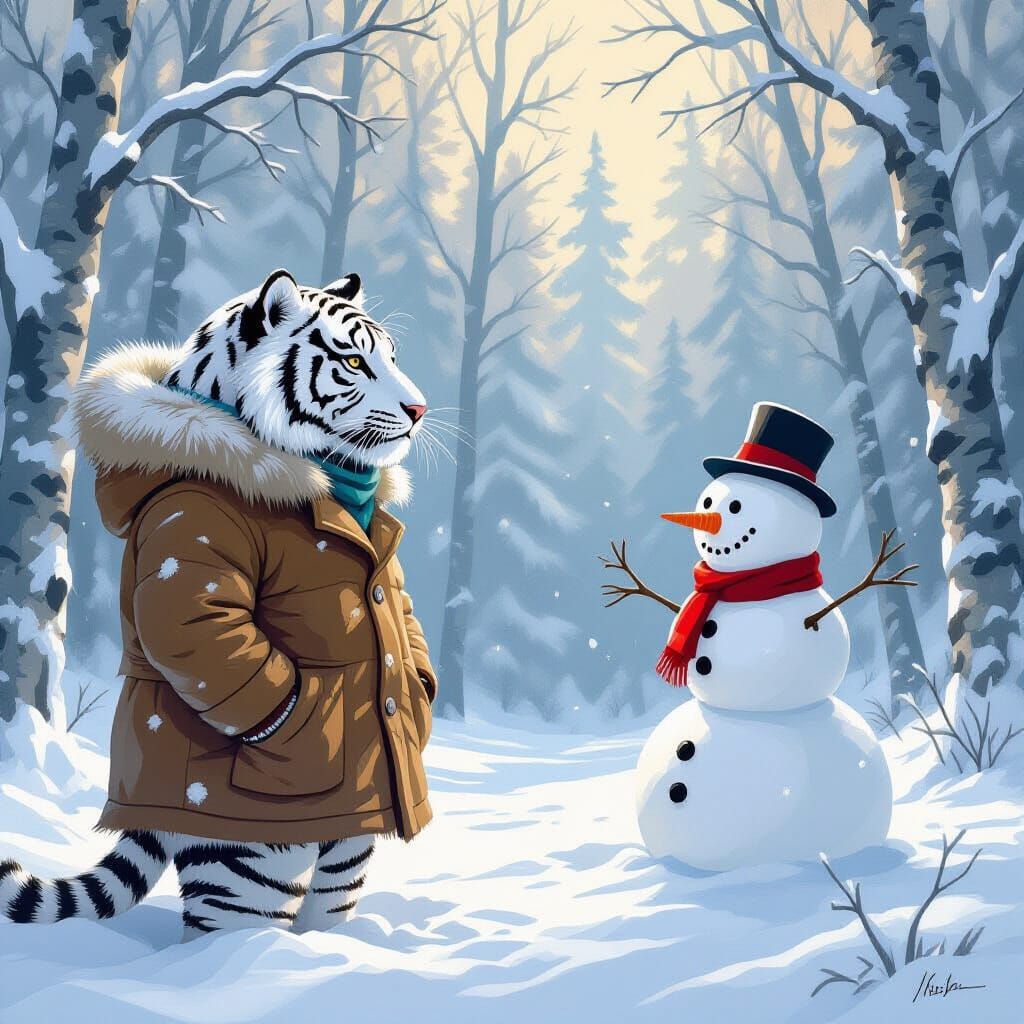 Snow Tiger's Puzzled Gaze in Winter Forest