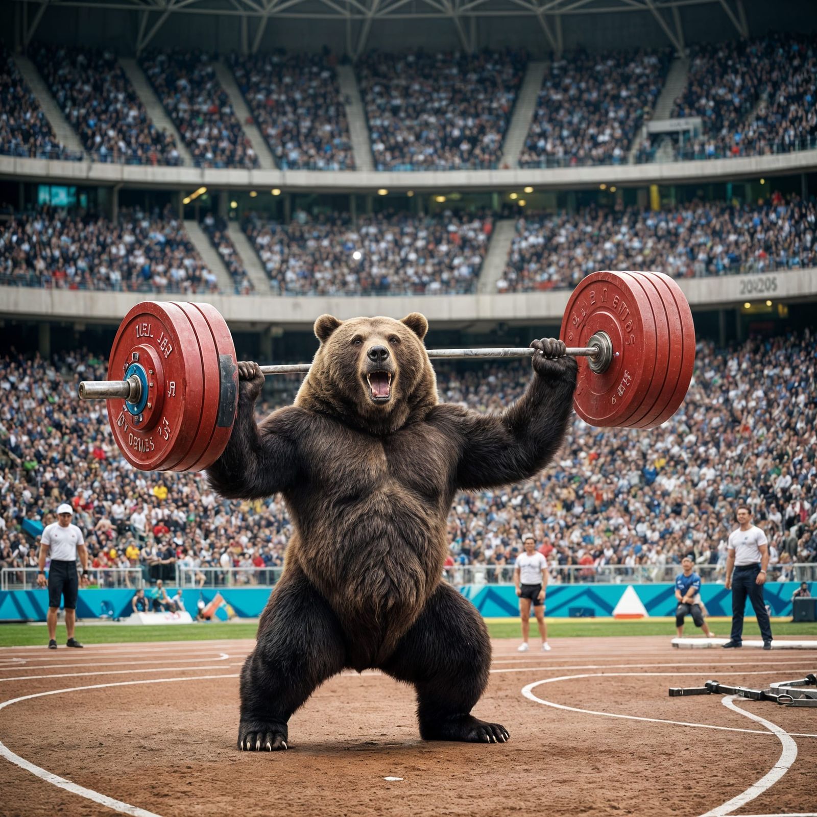 Muscular Bear Lifting Weights in Olympic Stadium