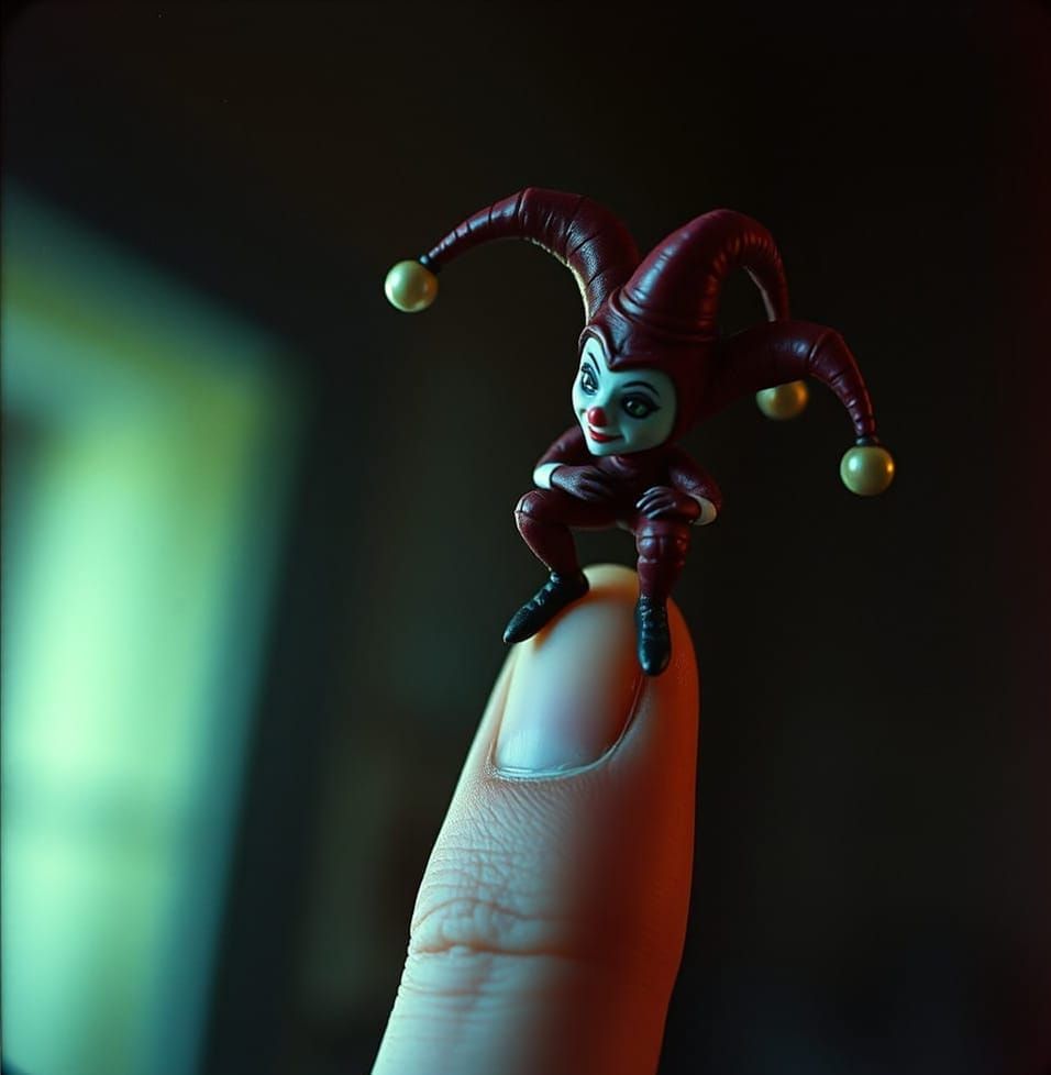 Miniature Jester on a Finger, Cinematic Film Still