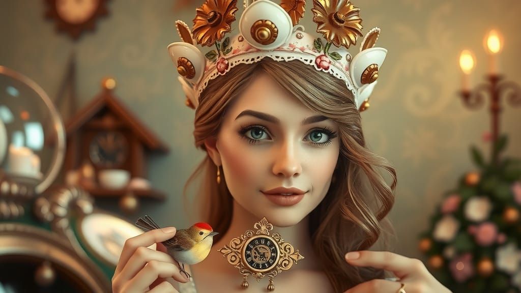 Whimsical Woman as Cuckoo Clock Bird in Dreamy Cafe