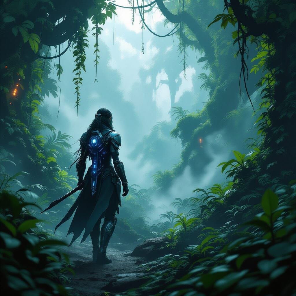 Cybernetic Elven Scout in Alien Jungle