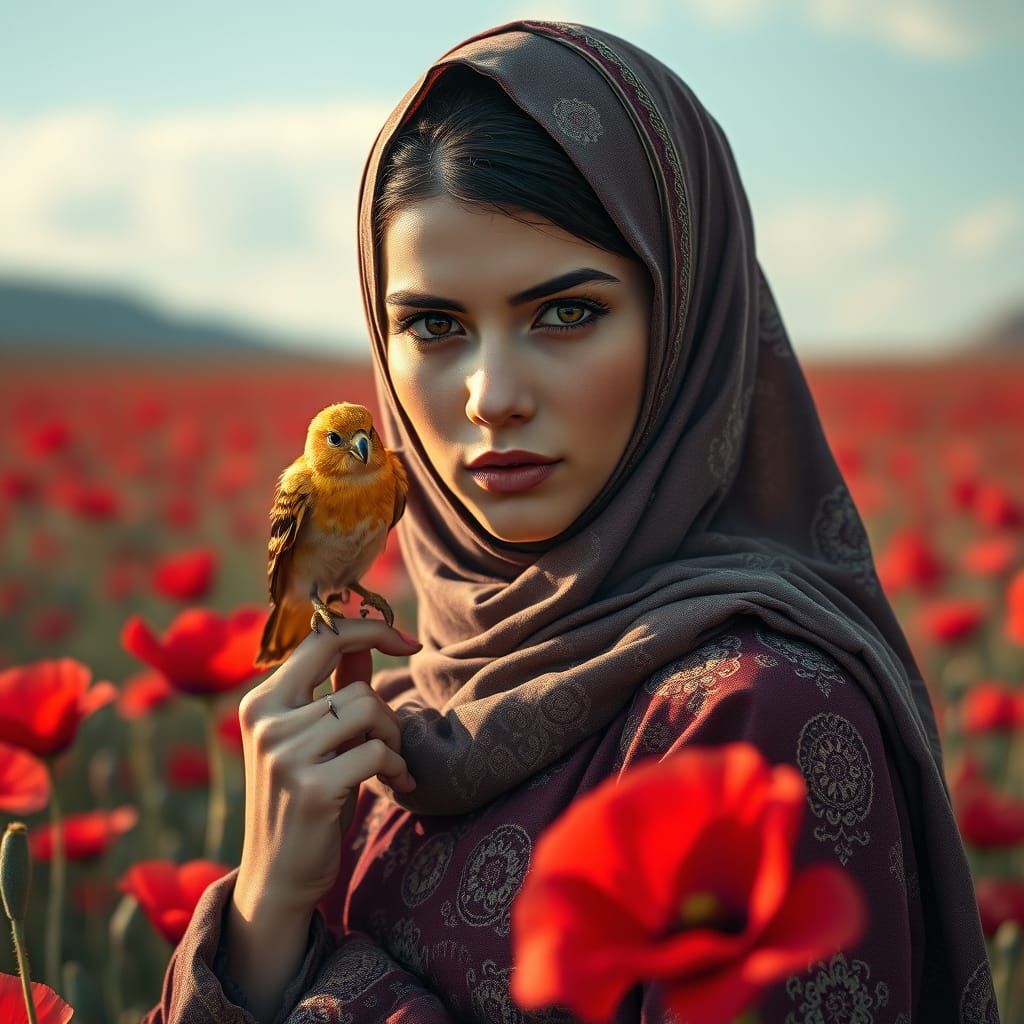 Striking Woman with Simurgh in Poppy Field