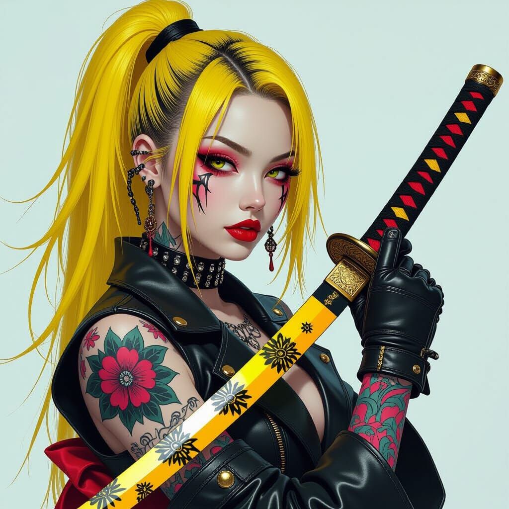 Gothic Punk Japanese Woman with Katana in Ukiyo-e Style