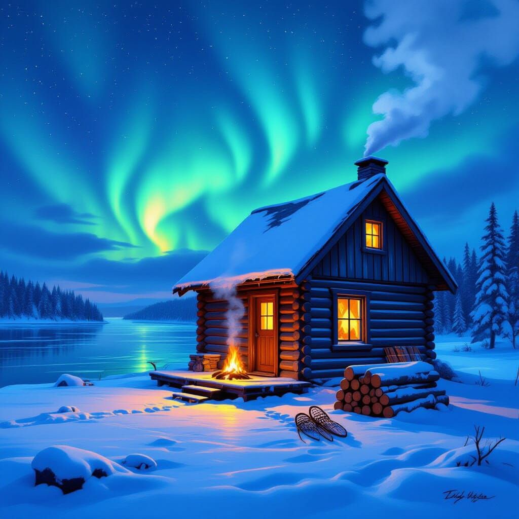 Aurora Over Frozen Lake Cabin, Painterly Style