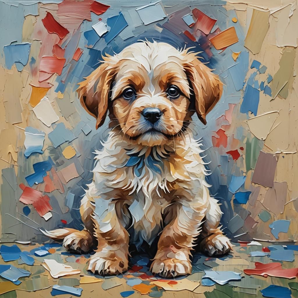 Cute Puppy Portrait in Impasto Gouache Style