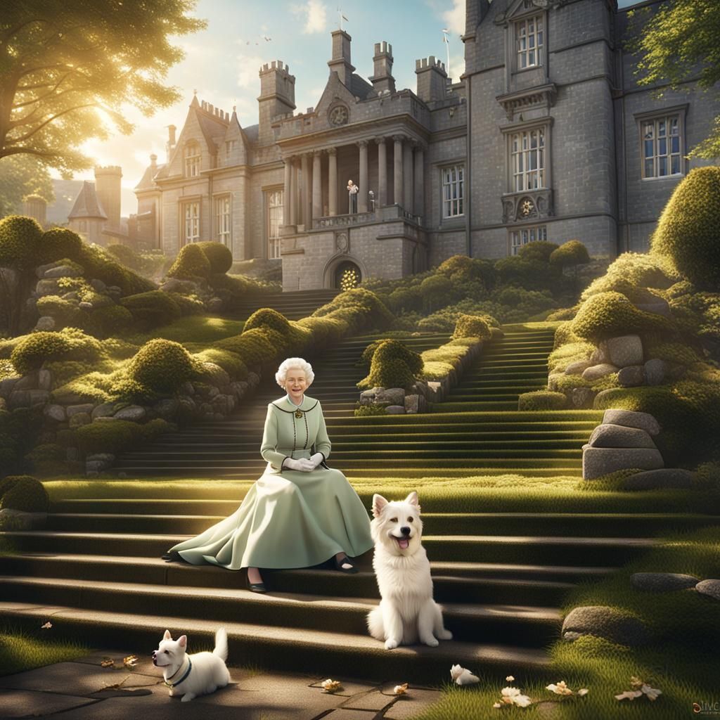 Queen Elizabeth with Maltese and Corgis at Balmoral