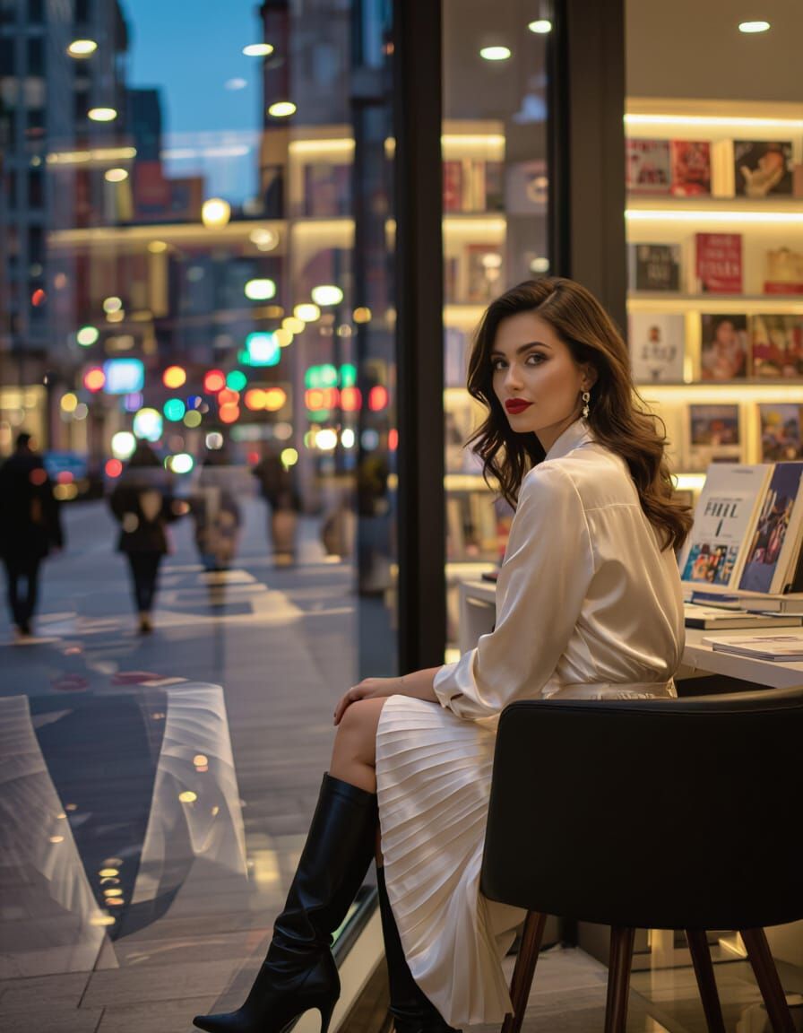 Modern Bookstore at Dusk with City Lights